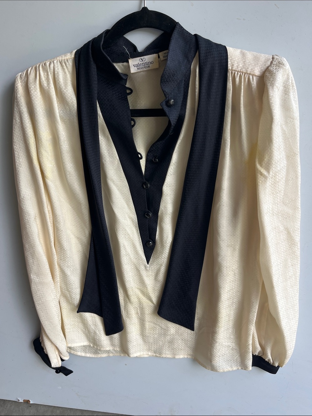 Valentino Ivory and Black Silk Tie-Neck Blouse